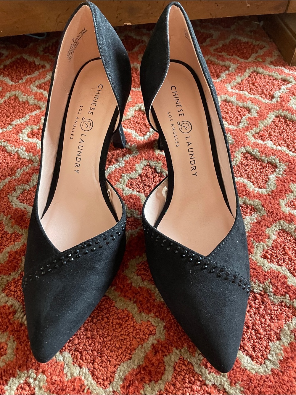 Chinese Laundry Black Suede D'Orsay Pointed Toe Heels with Stud Detail